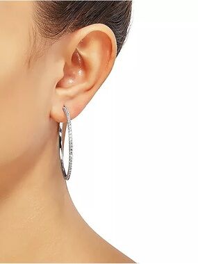 Macy’s Diamond Skinny Hoop Earrings 1 CTW Sterling Silver Round Diamond Hoops